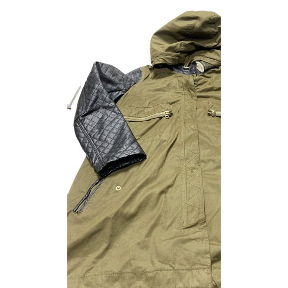 Green Zara Leather and Khaki Winter/Fall Coat Parka L -As is front zipper broken - Picture 12 of 16